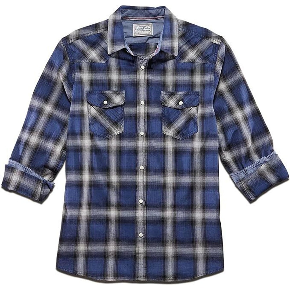 NWT FLAG & ANTHEM Indigo Dyed Pearl Snap Western Plaid Button Up 4XLT - Picture 1 of 12